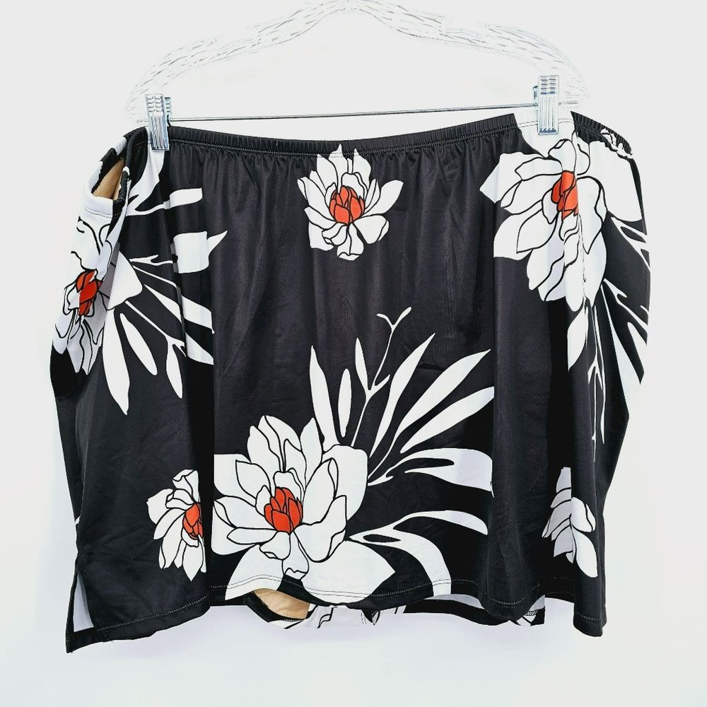 Cacique Swim Slitted Skirt Bottoms 36 Black White Orange Floral Side Slits New